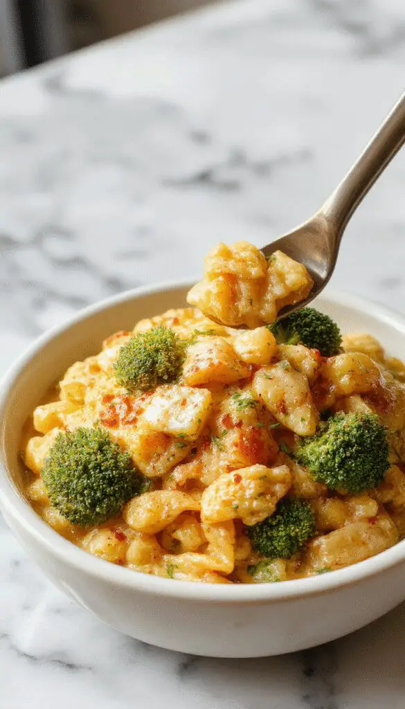 A creamy, golden bowl of broccoli cheddar orzo sits atop a rustic wooden table. The dish is garnished with fresh chopped herbs, with tender broccoli florets and perfectly cooked orzo visible, showcasing a rich, cheesy sauce that glistens. The presentation features a cozy setting with a spoon partially inserted into the bowl, highlighting its velvety texture and hearty appeal.