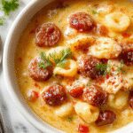 A close-up of a bowl of creamy Italian sausage and ditalini soup, garnished with fresh parsley, showing a rich, velvety texture with chunks of sausage and tender pasta in a warm, inviting broth
