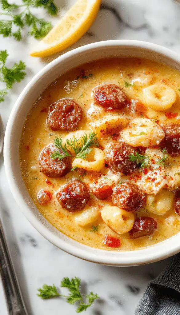 A close-up of a bowl of creamy Italian sausage and ditalini soup, garnished with fresh parsley, showing a rich, velvety texture with chunks of sausage and tender pasta in a warm, inviting broth
