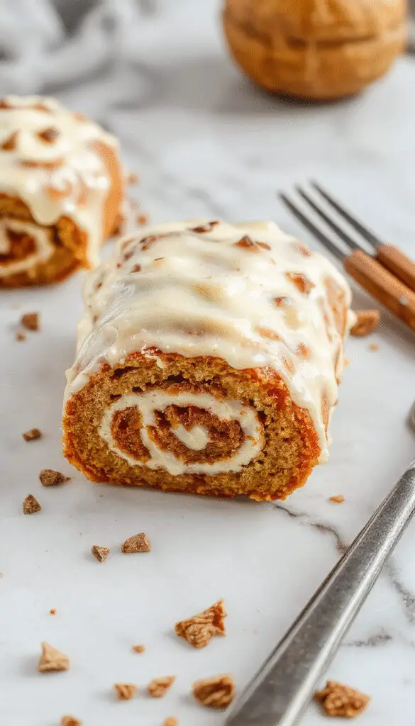 A beautifully sliced pumpkin spice roll cake displaying its creamy swirled filling and moist pumpkin sponge, garnished with a light dusting of powdered sugar, on a rustic wooden platter with autumn leaves around.