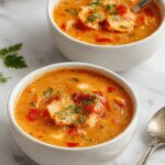 A vibrant bowl of creamy roasted tomato and red pepper soup, garnished with fresh herbs, served with a drizzle of cream on top. The soup has a smooth, velvety texture with visible roasted red pepper and tomato chunks, surrounded by whole roasted vegetables and a rustic bread slice on a wooden table.