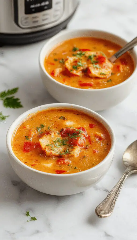 A vibrant bowl of creamy roasted tomato and red pepper soup, garnished with fresh herbs, served with a drizzle of cream on top. The soup has a smooth, velvety texture with visible roasted red pepper and tomato chunks, surrounded by whole roasted vegetables and a rustic bread slice on a wooden table.