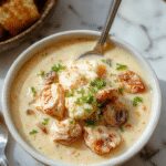 A steaming bowl of creamy rotisserie chicken and mushroom soup garnished with fresh herbs, surrounded by slices of toasted bread on a rustic wooden table