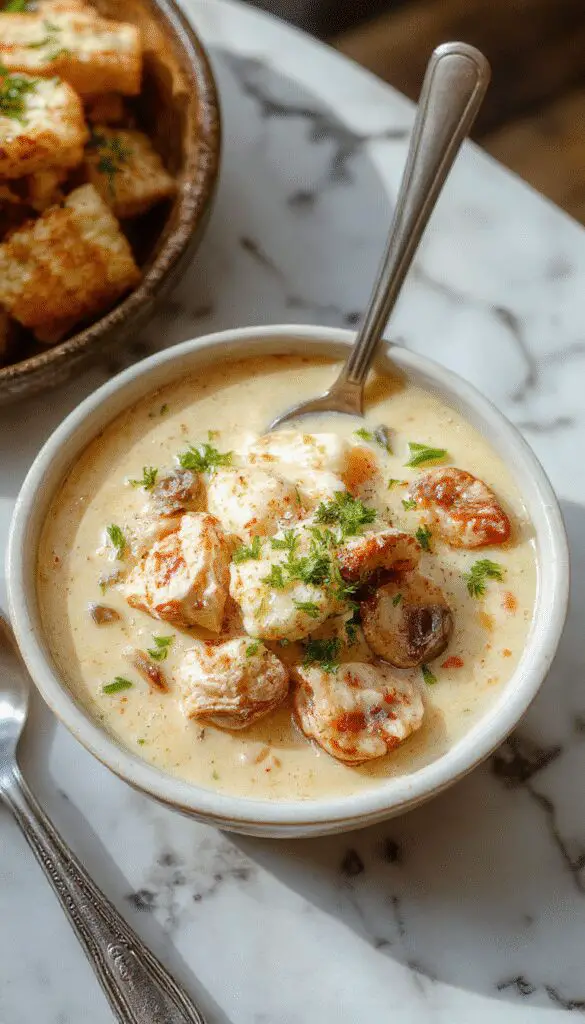 A steaming bowl of creamy rotisserie chicken and mushroom soup garnished with fresh herbs, surrounded by slices of toasted bread on a rustic wooden table