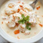 A steaming bowl of creamy white chicken and rice soup garnished with chopped fresh herbs, showcasing tender chicken pieces, fluffy rice, and a velvety white broth, with steam rising to evoke warmth and comfort.