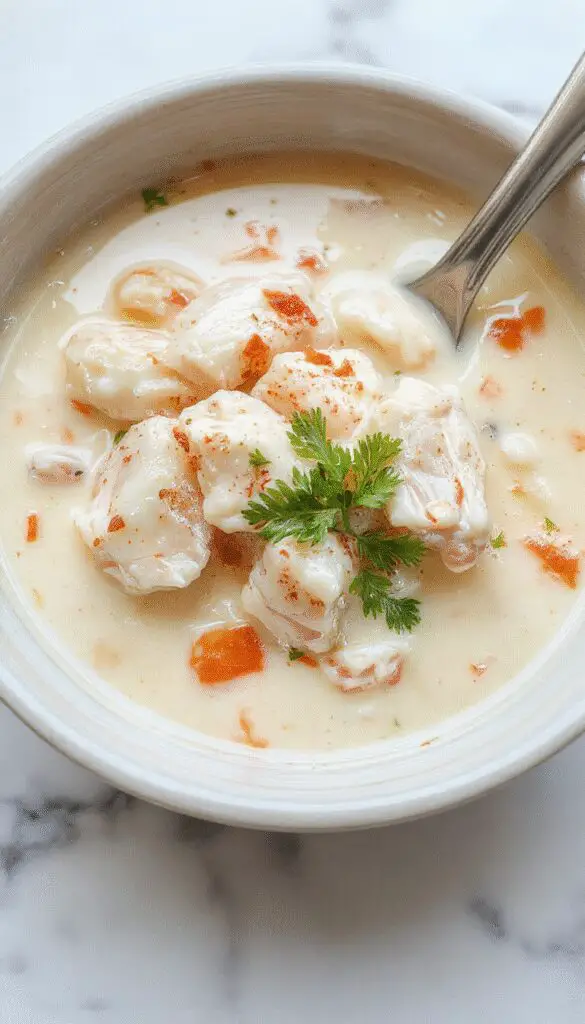 A steaming bowl of creamy white chicken and rice soup garnished with chopped fresh herbs, showcasing tender chicken pieces, fluffy rice, and a velvety white broth, with steam rising to evoke warmth and comfort.