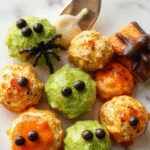 A colorful platter featuring spooky-themed Halloween treats, including monster-shaped cookies, caramel apples with creepy faces, and mini pumpkin cheeseburgers, all arranged with vibrant orange, black, and green decorations, garnished with edible eyes and themed toppers, set on a dark serving board with themed napkins in the background.