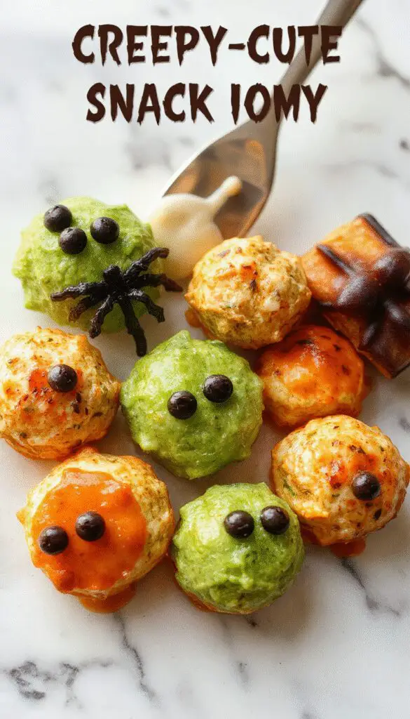 A colorful platter featuring spooky-themed Halloween treats, including monster-shaped cookies, caramel apples with creepy faces, and mini pumpkin cheeseburgers, all arranged with vibrant orange, black, and green decorations, garnished with edible eyes and themed toppers, set on a dark serving board with themed napkins in the background.
