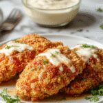 Golden-brown baked chicken tenders with a crispy exterior arranged on a white plate garnished with fresh herbs. The tenders are stacked neatly, showcasing their tender interior through a slight crack in the crispy coating, with a backdrop of a rustic wooden table.