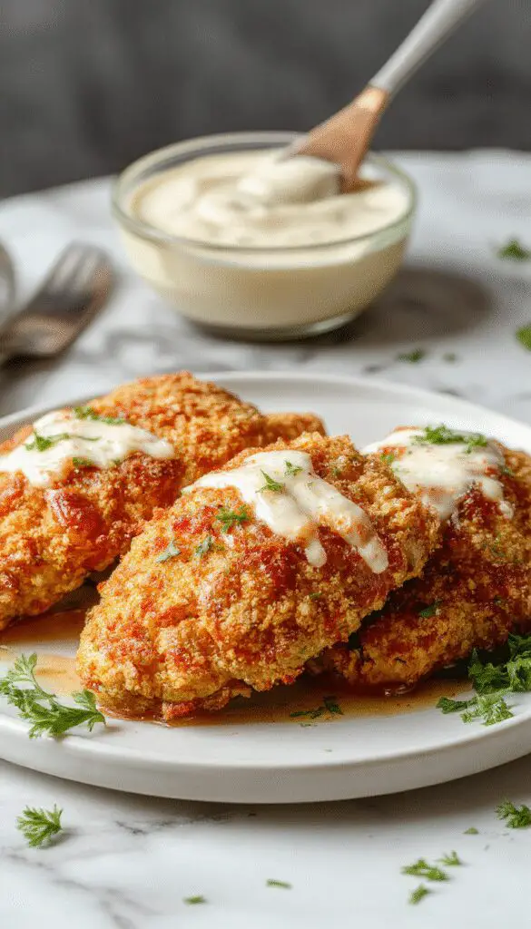 Golden-brown baked chicken tenders with a crispy exterior arranged on a white plate garnished with fresh herbs. The tenders are stacked neatly, showcasing their tender interior through a slight crack in the crispy coating, with a backdrop of a rustic wooden table.
