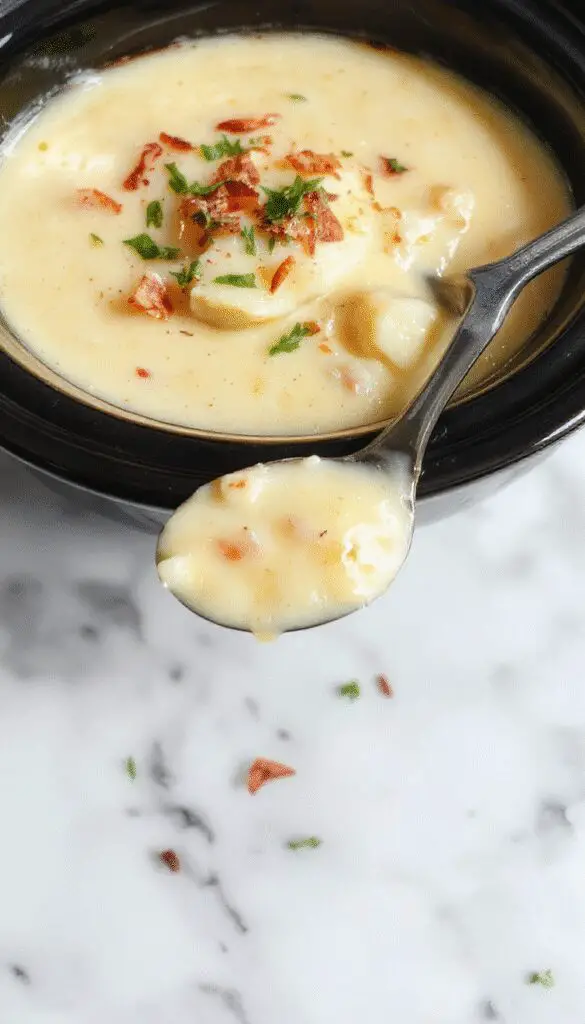 A steaming bowl of creamy potato soup topped with shredded cheddar cheese, chopped green onions, and crispy bacon bits. The soup is served in a rustic white bowl with a warm, inviting ambiance, steam gently rising, and a spoon resting on the side, showcasing its velvety texture and hearty ingredients.