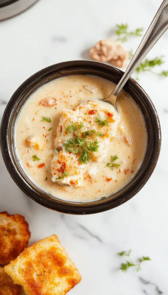A bowl of creamy chicken parmesan soup featuring chunks of tender chicken, a rich, cheesy sauce with a sprinkle of herbs, garnished with fresh basil leaves. The soup sits in a rustic white bowl on a wooden surface, with a spoon resting nearby, highlighting its creamy texture and hearty ingredients.