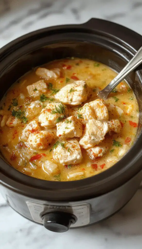 A steaming bowl of chicken and rice soup garnished with fresh herbs, served in a rustic white bowl on a wooden table. The soup has a clear broth with tender chunks of chicken, fluffy rice, and colorful vegetables. In the background, a slow cooker and ingredients like carrots, celery, and herbs can be seen, emphasizing a cozy, homemade meal.
