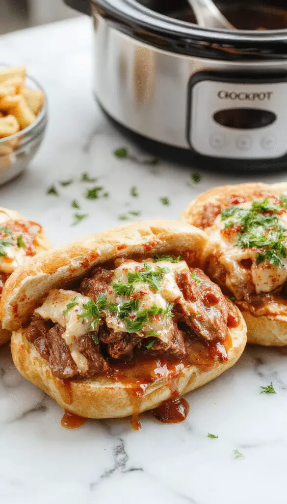 A close-up of a tender, sliced beef French Dip sandwich on a toasted hoagie bun, topped with melted cheese and served with a small bowl of rich au jus. The sandwich is placed on a rustic wooden plate with fresh herbs and a side of crispy potato chips, with steam rising faintly, highlighting the juicy meat and melty cheese against the golden bread.