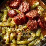 A rustic white bowl filled with seasoned kielbasa slices, tender green beans, and chunks of potatoes, all simmered together. The dish is garnished with chopped parsley and served alongside a sprig of fresh herbs on a wooden surface, with steam gently rising, showcasing a hearty, colorful, and inviting meal.