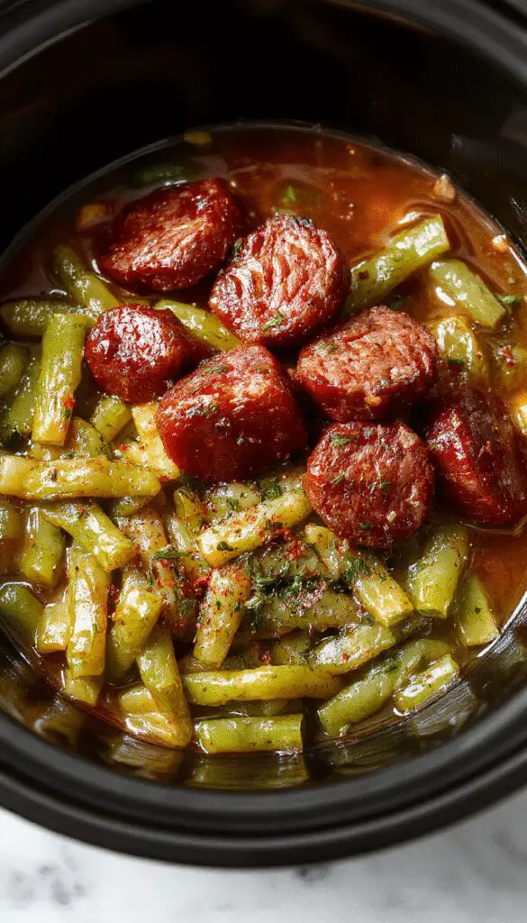 A rustic white bowl filled with seasoned kielbasa slices, tender green beans, and chunks of potatoes, all simmered together. The dish is garnished with chopped parsley and served alongside a sprig of fresh herbs on a wooden surface, with steam gently rising, showcasing a hearty, colorful, and inviting meal.