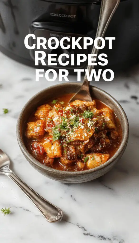 A cozy scene featuring a small, rustic crockpot filled with tender chicken and pasta, garnished with fresh herbs. The dish is beautifully plated on a wooden table with a side of colorful vegetables, steam gently rising, highlighting a warm and inviting presentation.
