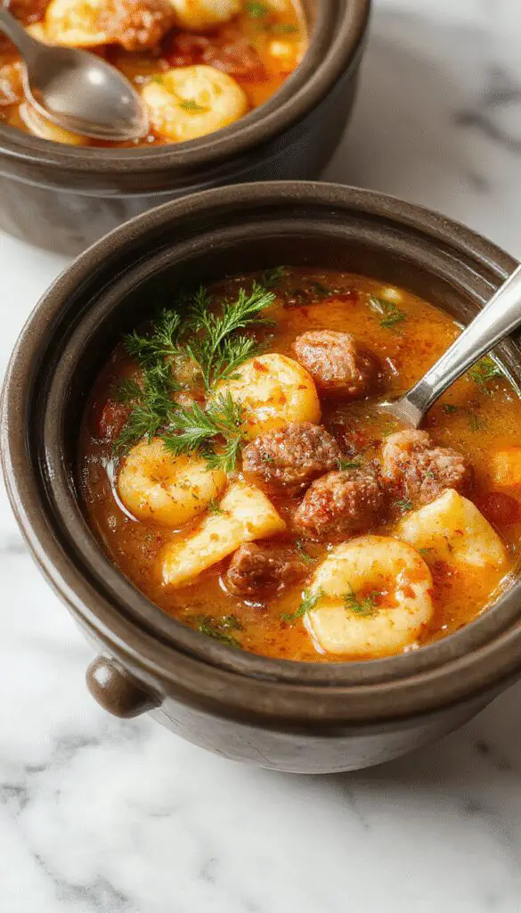 A steaming bowl of cheesy tortellini soup garnished with fresh herbs, served in a rustic white bowl on a wooden surface. The soup contains plump tortellini, diced sausage, and vibrant vegetables, with a golden broth that looks rich and flavorful. The scene is complemented by a background of ingredients and a cozy kitchen setting, emphasizing warmth and homemade comfort.