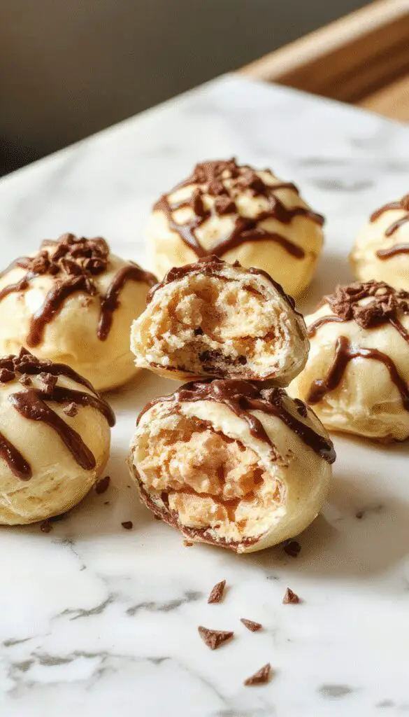 Close-up of decadent tiramisu truffles coated in cocoa powder, arranged on a white porcelain plate. The truffles are dusted lightly with cocoa, revealing their smooth, rounded shapes and rich brown color. A few truffles are halved, showcasing a creamy filling flecked with coffee and amaretto, topped with a sprinkle of cocoa powder.