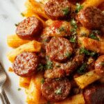 A vibrant plate of autumn sausage pasta and squash, featuring golden roasted squash, slices of sausage, and pasta with a touch of herbs, beautifully presented on a rustic wooden surface