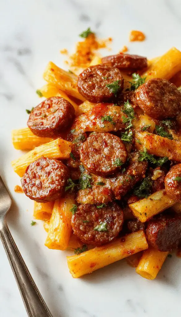 A vibrant plate of autumn sausage pasta and squash, featuring golden roasted squash, slices of sausage, and pasta with a touch of herbs, beautifully presented on a rustic wooden surface