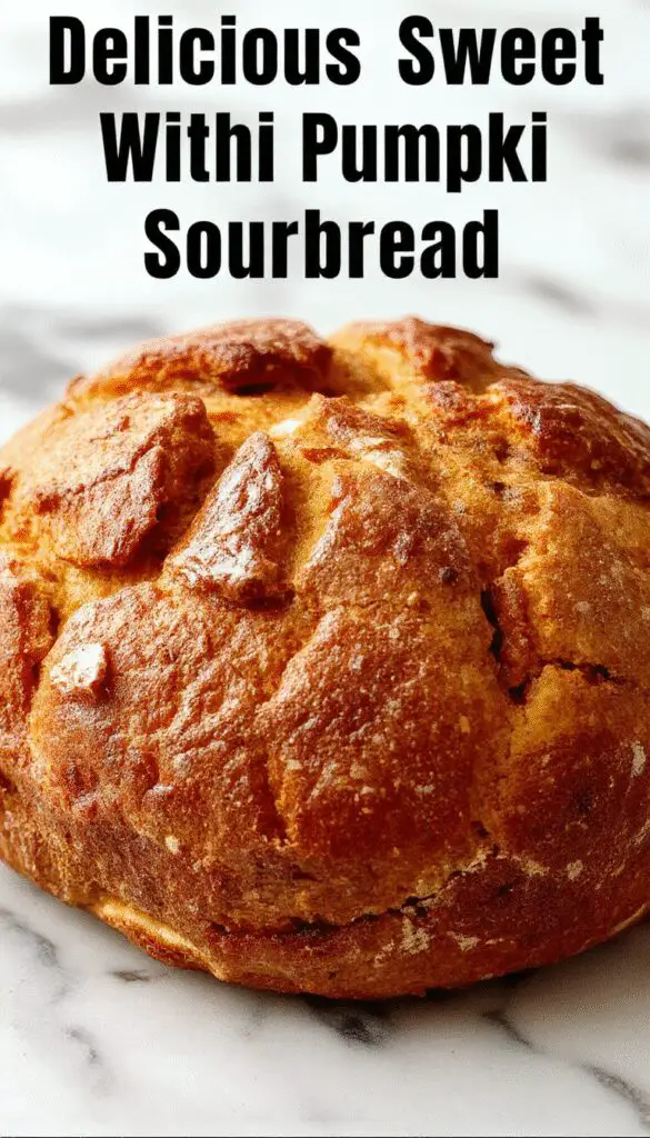 A golden-brown slice of pumpkin sourdough bread showcases a crispy crust with a slightly cracked surface, revealing a moist, orange-hued interior speckled with pumpkin pieces. The bread is elegantly plated on a rustic wooden board, accompanied by a small dish of butter and a sprig of fresh herbs, with soft natural lighting highlighting its texture and warm tones.