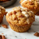 A close-up of a golden-brown apple cinnamon Greek yogurt muffin, topped with a sprinkle of cinnamon and a few tiny apple chunks visible inside. The muffin is set on a rustic wooden surface with a scattering of grated apple and cinnamon sticks nearby. Bright natural light highlights its moist texture, showcasing the crumbly, soft interior peeking through a slightly cracked top, with a blurred background hinting at a cozy baking setting.