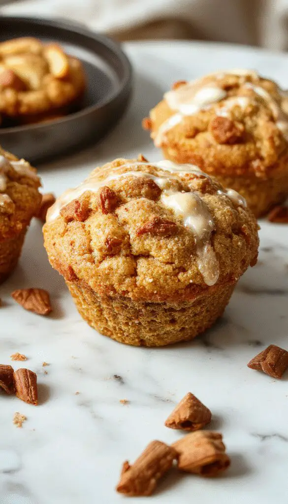 A close-up of a golden-brown apple cinnamon Greek yogurt muffin, topped with a sprinkle of cinnamon and a few tiny apple chunks visible inside. The muffin is set on a rustic wooden surface with a scattering of grated apple and cinnamon sticks nearby. Bright natural light highlights its moist texture, showcasing the crumbly, soft interior peeking through a slightly cracked top, with a blurred background hinting at a cozy baking setting.