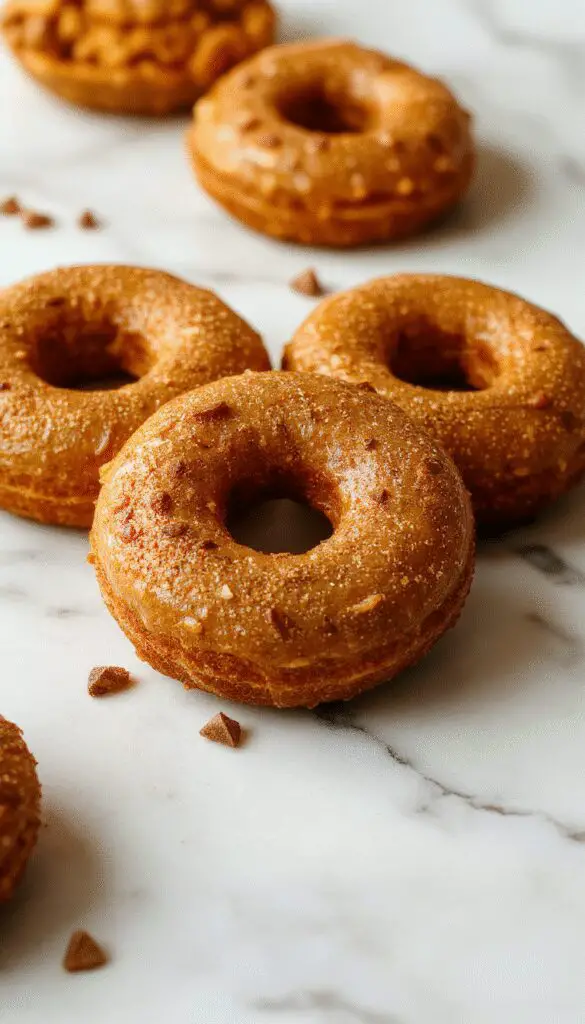 A close-up of golden-brown baked pumpkin donuts arranged on a rustic ceramic plate, topped with a light dusting of powdered sugar and sprinkled with cinnamon. The donuts showcase a tender, moist interior with a slight sheen, highlighting their flavorful pumpkin and spice aroma. The background features autumnal elements like small pumpkins, cinnamon sticks, and a cozy checkered cloth, creating a warm, seasonal fall vibe.