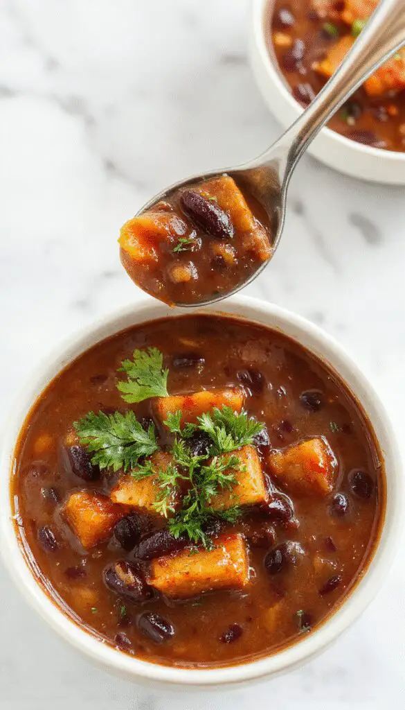 A vibrant bowl of black bean and sweet potato soup garnished with fresh cilantro, served with a spoon on a rustic wooden table. The soup has a rich orange color with black beans visible throughout, and steam rises from the hot dish, suggesting warmth and comfort.