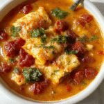 A steaming bowl of creamy lasagna soup topped with shredded cheese, fresh basil leaves, and a dollop of sour cream. The bowl sits on a rustic wooden table, with parts of lasagna noodles, melted cheese, and herb garnishes visible, creating a cozy and inviting atmosphere.