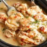 A rustic white crockpot filled with tender shredded chicken topped with rich, creamy gravy, garnished with freshly chopped herbs. The dish is served on a wooden table, accompanied by warm, seasonal side dishes. The gravy glistens, showcasing the hearty, comforting nature of the recipe, with steam rising to evoke warmth and hominess.