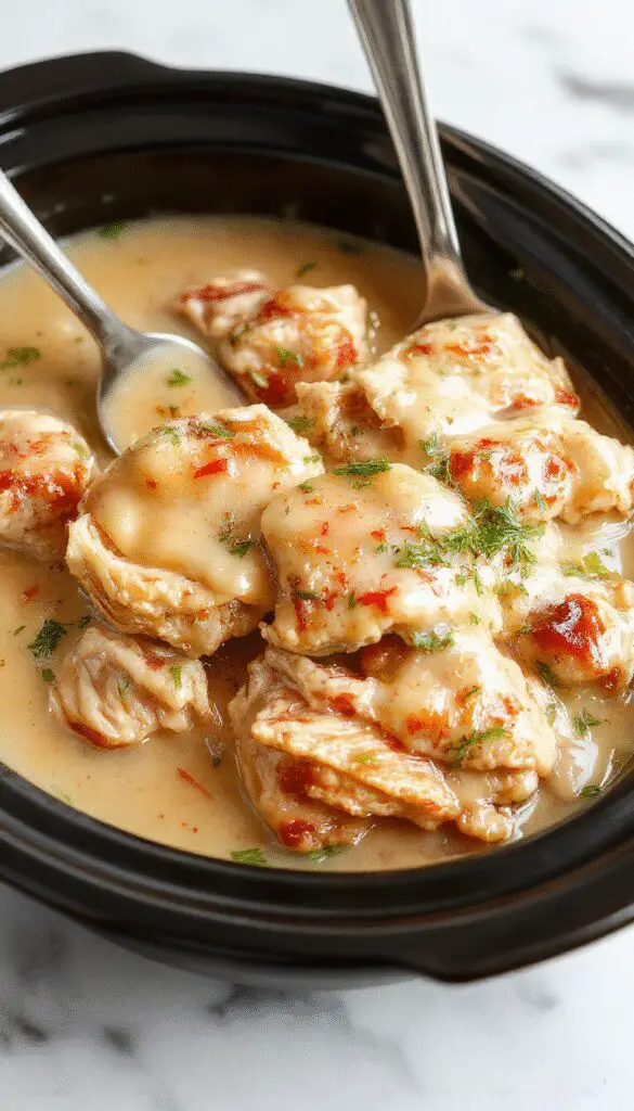 A rustic white crockpot filled with tender shredded chicken topped with rich, creamy gravy, garnished with freshly chopped herbs. The dish is served on a wooden table, accompanied by warm, seasonal side dishes. The gravy glistens, showcasing the hearty, comforting nature of the recipe, with steam rising to evoke warmth and hominess.
