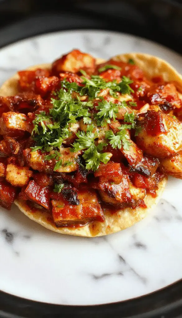 A rustic ceramic slow cooker filled with vibrant, colorful fajitas, featuring juicy strips of red meat, bell peppers, and onions, all steam rising, served alongside warm tortillas and fresh garnishes. The dish is presented on a wooden surface with garnishes and side ingredients neatly arranged, emphasizing a hearty, delicious, and wholesome meal.