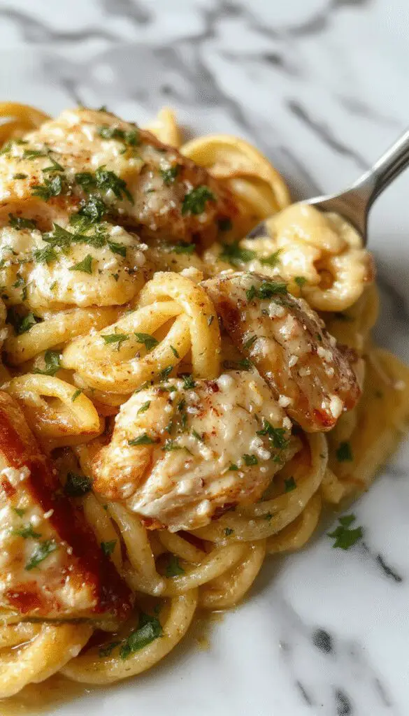 A close-up of a white plate featuring a serving of golden-brown garlic Parmesan chicken atop colorful pasta. The chicken breast pieces are crispy with a herb sprinkle, accompanied by curled pasta coated in creamy Parmesan sauce. Fresh parsley garnishes the dish, enhancing its vibrant appearance, with a rustic wooden table in the background and a fork placed alongside.