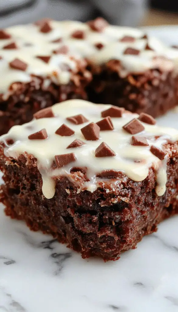 A slice of rich, moist German chocolate poke cake with a glossy chocolate topping, topped with shredded coconut and chopped nuts, served on a white plate with a fork, showcasing the creamy filling and textured topping.