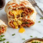 A close-up of a grilled cheese burrito sliced open to reveal melted cheese and crispy tortilla exterior, plated on a rustic wooden surface with fresh herbs garnish.