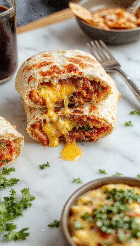 A close-up of a grilled cheese burrito sliced open to reveal melted cheese and crispy tortilla exterior, plated on a rustic wooden surface with fresh herbs garnish.