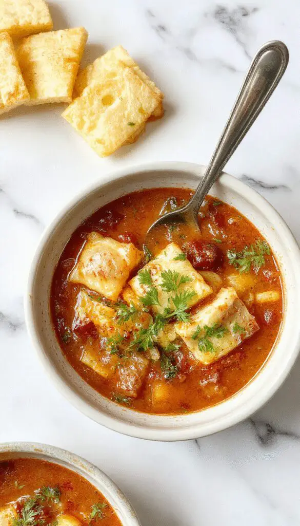 A steaming bowl of Ravioli Soup featuring plump cheese-filled ravioli, vibrant green spinach, slices of Italian sausage, and a rich broth garnished with grated cheese and fresh herbs, set on a rustic wooden table with a soup spoon and bread in the background.