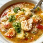 A steaming bowl of chicken and gnocchi soup sits on a rustic wooden table, topped with fresh herbs and a sprinkle of grated cheese. The soup has a rich broth with tender gnocchi, shredded chicken, and bright vegetables, with steam softly rising, evoking warmth and comfort.