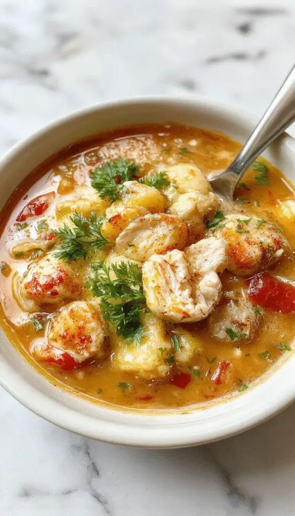 A steaming bowl of chicken and gnocchi soup sits on a rustic wooden table, topped with fresh herbs and a sprinkle of grated cheese. The soup has a rich broth with tender gnocchi, shredded chicken, and bright vegetables, with steam softly rising, evoking warmth and comfort.