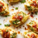 A close-up of a baked dish featuring large pasta shells filled with vibrant green spinach and creamy white ricotta cheese, topped with melted golden-brown cheese, garnished with fresh herbs, arranged on a rustic white plate with a sprinkle of black pepper