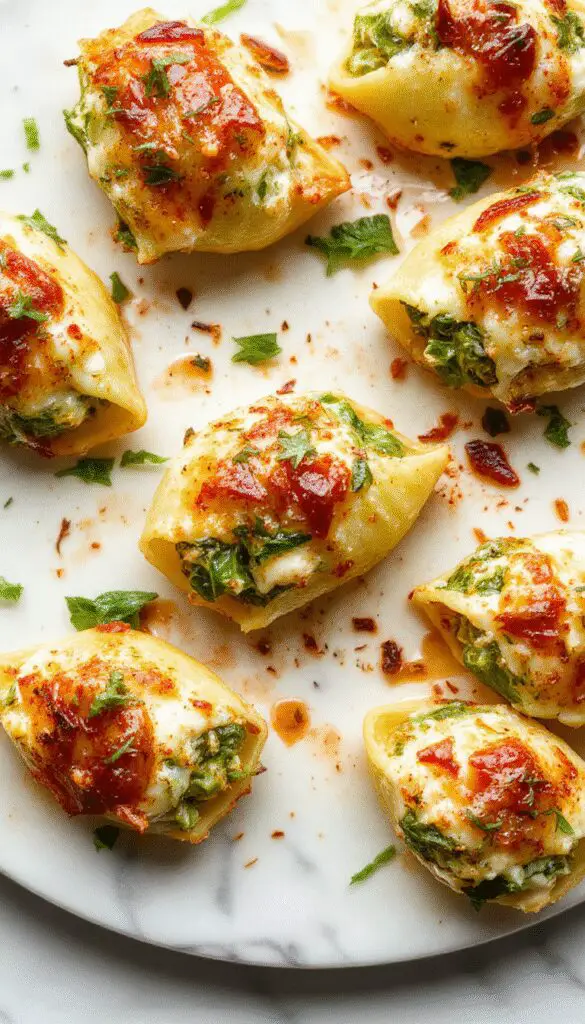 A close-up of a baked dish featuring large pasta shells filled with vibrant green spinach and creamy white ricotta cheese, topped with melted golden-brown cheese, garnished with fresh herbs, arranged on a rustic white plate with a sprinkle of black pepper