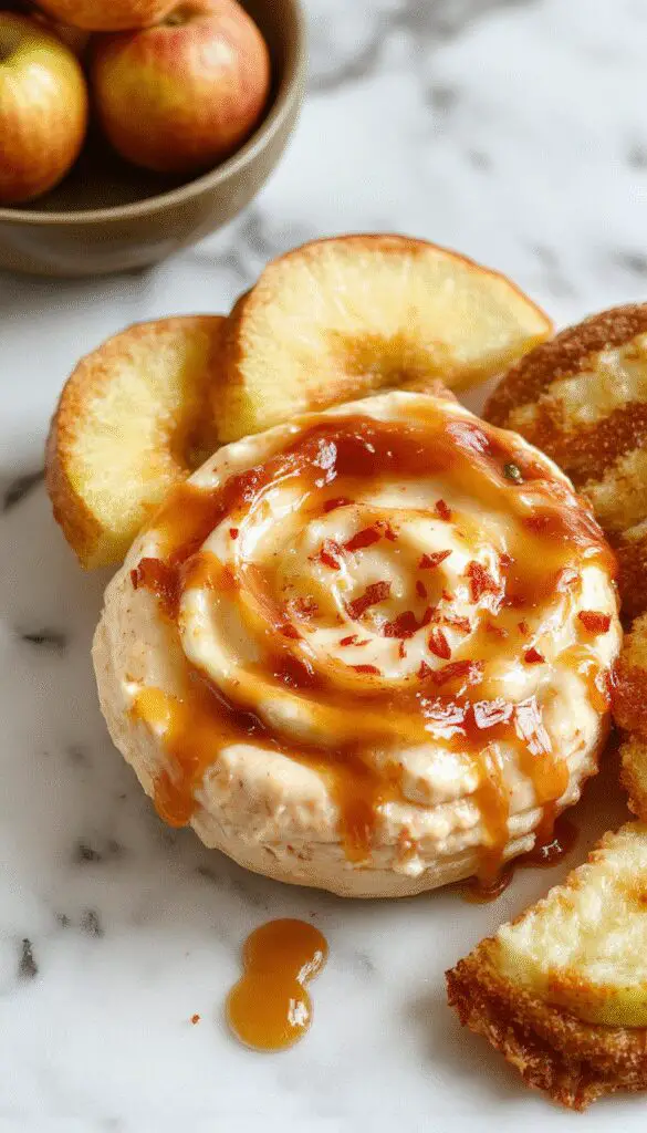 A creamy caramel apple cheesecake dip served in a clear glass bowl, topped with sliced fresh apples and drizzled with caramel sauce. The dip has a smooth, luscious texture with swirls of caramel visible throughout, surrounded by apple slices with a hint of cinnamon on the surface. The background features a cozy fall-themed setting with rustic wooden table and autumn decorations, highlighting a warm and inviting atmosphere.