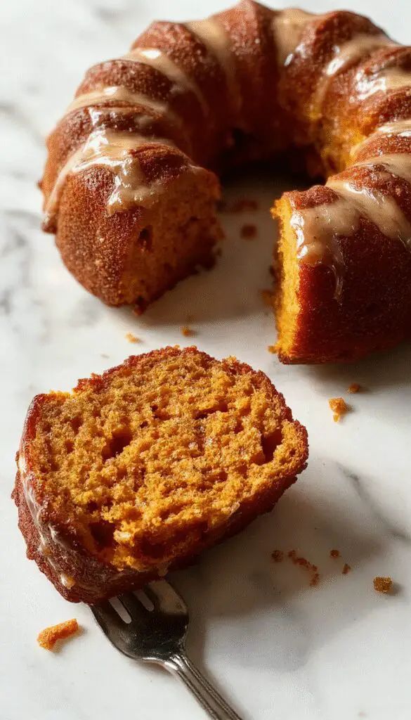A beautifully baked pumpkin bundt cake with a golden-brown crust, presented on a white cake stand. The cake has a distinct ridged pattern from the 6-cup bundt pan and is topped with a light dusting of powdered sugar. Surrounding the cake are small pumpkin decorations and autumn leaves, creating a festive seasonal display. The background features a rustic wooden table with warm, natural lighting that highlights the cake’s moist texture and inviting appearance.