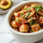 A rustic crockpot filled with colorful Fiesta Chicken, topped with melted cheese and garnished with fresh cilantro, surrounded by vibrant Mexican-inspired ingredients like peppers and tomatoes.