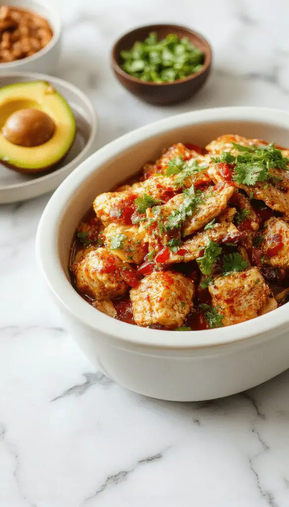 A rustic crockpot filled with colorful Fiesta Chicken, topped with melted cheese and garnished with fresh cilantro, surrounded by vibrant Mexican-inspired ingredients like peppers and tomatoes.