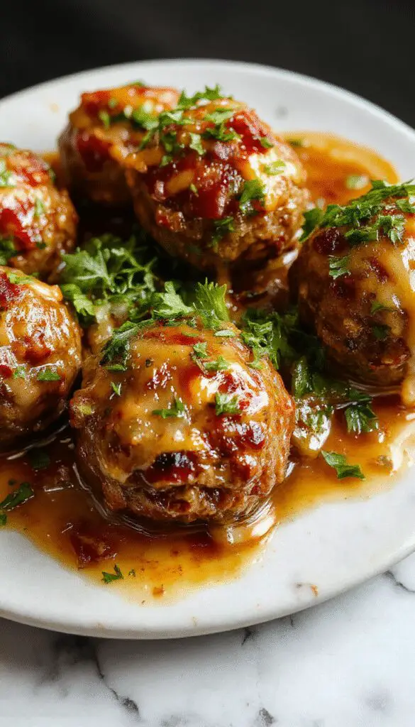 A close-up of golden-brown meatballs glazed with rich onion sauce, served on a white plate. The meatballs are topped with caramelized onions and fresh herbs, creating an appetizing and hearty presentation.