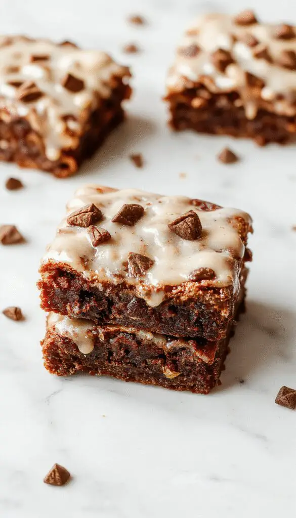 A close-up of a square frosted coffee brownie with a glossy coffee-flavored frosting on top, sprinkled with tiny chocolate chips. The brownie has a rich, fudgy texture with a slightly cracked surface, presented on a rustic wooden plate with a few coffee beans scattered around.