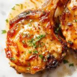 Golden-brown pan-seared pork chop topped with melted garlic butter, placed on a rustic wooden board with fresh herbs and lemon wedges in the background, showcasing a juicy, perfectly cooked exterior and tender interior with a slightly crispy crust.